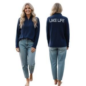 Pink Pineapple Size Medium Lake Life Sweater Navy 1/4 Zip Nautical Cabincore